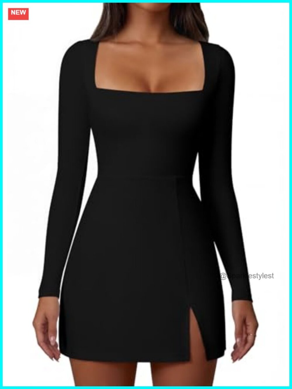 Women's Square Neck Long Sleeve A-Line Mini Dress Side Slit Party Club